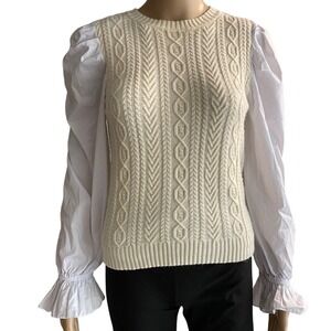 Lucy Paris Cream Cable Knit Mixed Media Puff Sleeve Ruffle Sweater Large